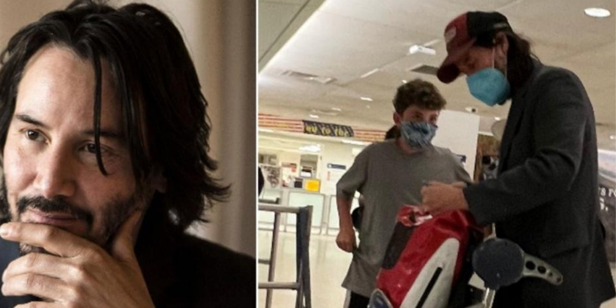 Pelakon Keanu Reeves meluangkan masa untuk autograf dan soalan peminat di lapangan terbang