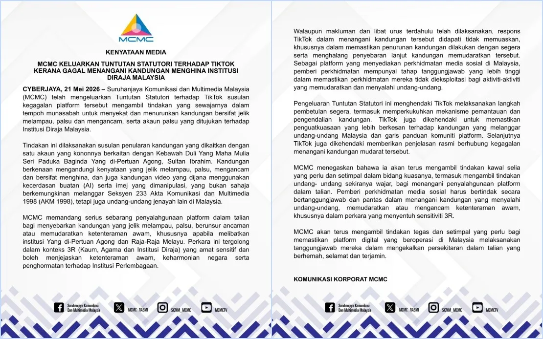 MCMC Buat Tuntutan Statutori terhadap TikTok