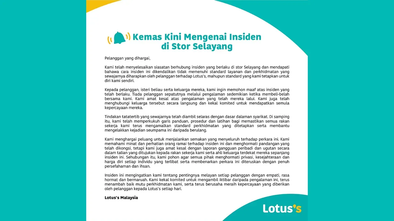 Lotus’s Malaysia Mohon Maaf Insiden Wanita Hamil Didakwa Mencuri